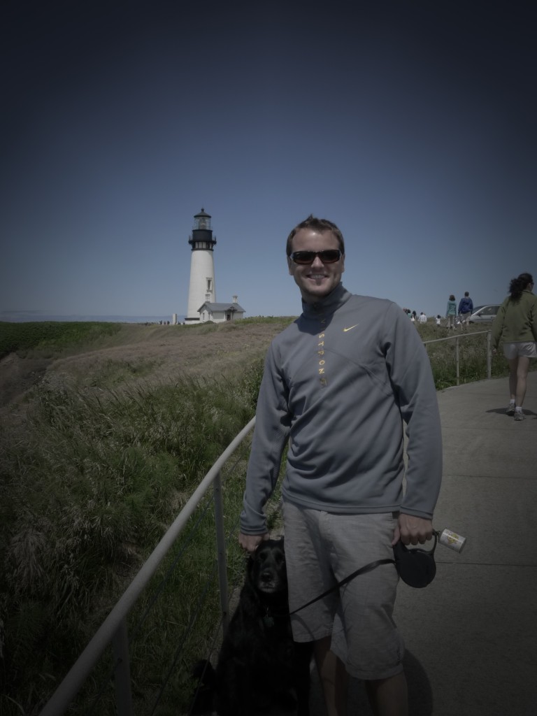 Jeff and Cooper by the Yaquina Lighthouse