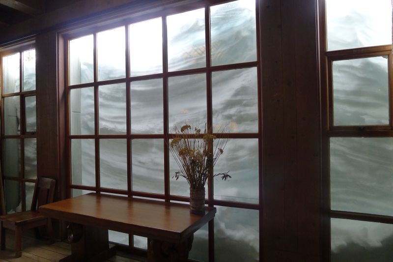 Snow piled against the window at Timberline Lodge